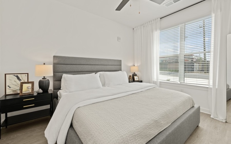 Furnished modern bedroom at Bowery West luxury apartments in Charlotte, NC